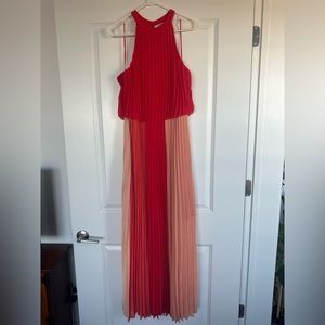 XL skies are blue red, peach, pink flowy halter dress